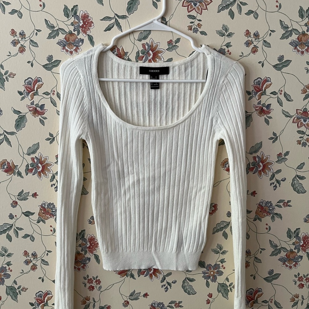 Forever 21 White Ribbed Long Sleeve Top